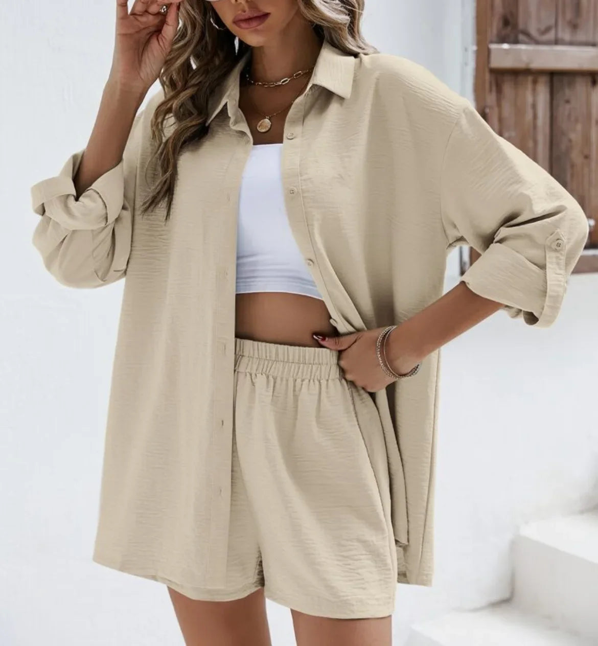 Summer 2-Piece Set – High-Waist Shorts & Long Sleeve Shirt
