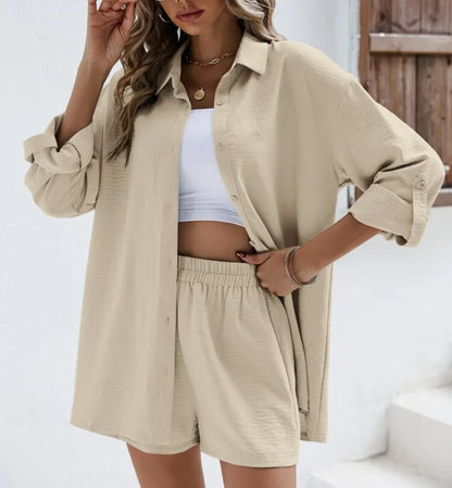 Summer 2-Piece Set – High-Waist Shorts & Long Sleeve Shirt