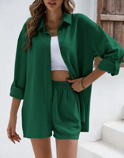 Summer 2-Piece Set – High-Waist Shorts & Long Sleeve Shirt