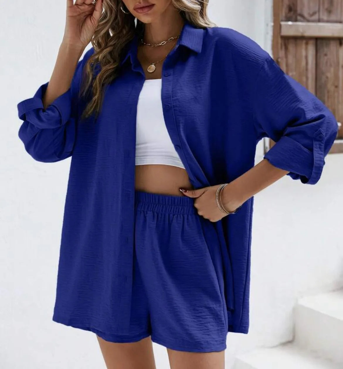 Summer 2-Piece Set – High-Waist Shorts & Long Sleeve Shirt