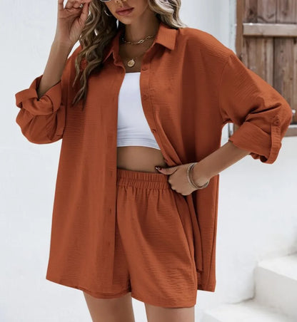 Summer 2-Piece Set – High-Waist Shorts & Long Sleeve Shirt