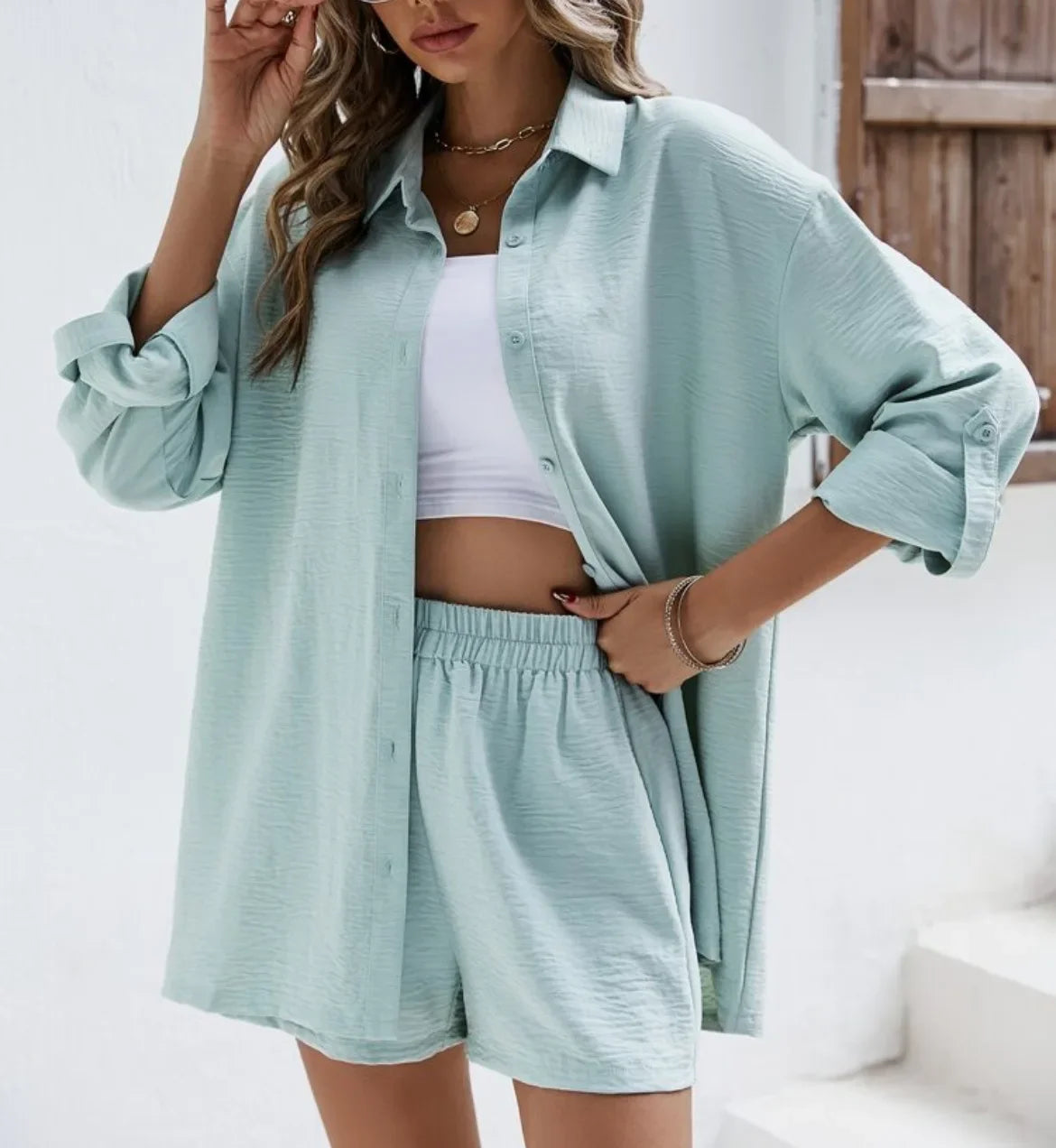Summer 2-Piece Set – High-Waist Shorts & Long Sleeve Shirt