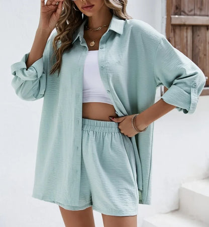 Summer 2-Piece Set – High-Waist Shorts & Long Sleeve Shirt