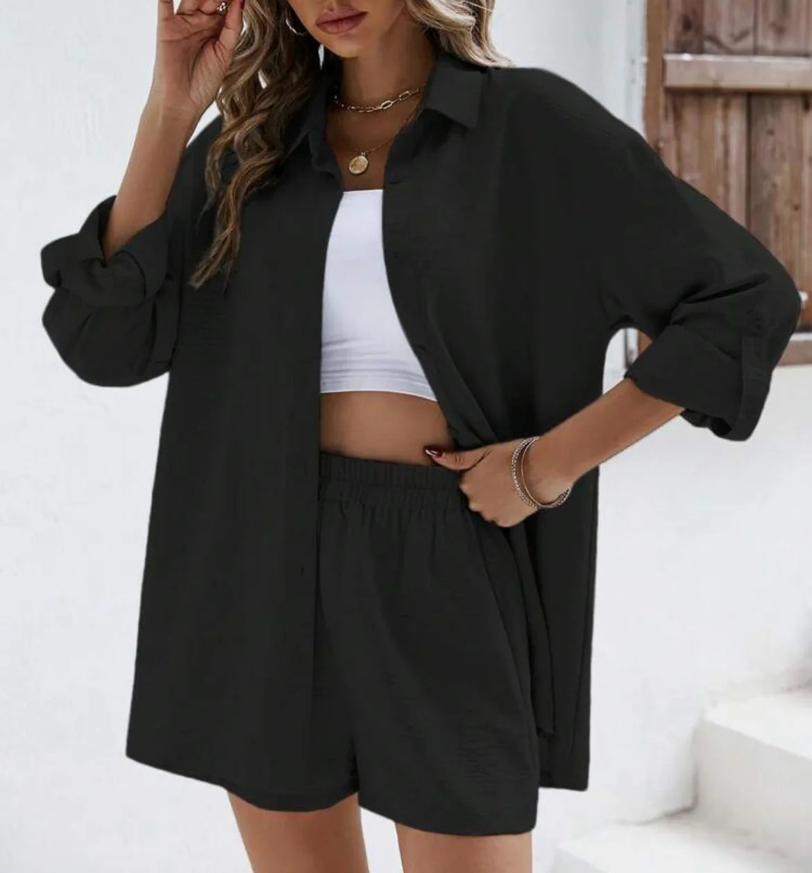 Summer 2-Piece Set – High-Waist Shorts & Long Sleeve Shirt