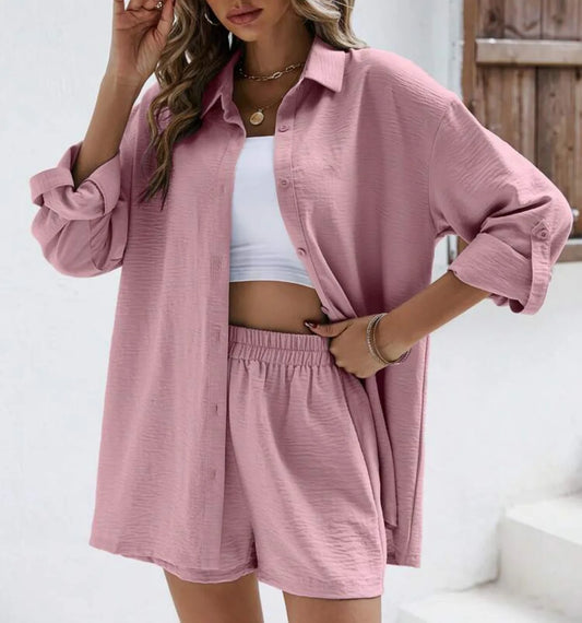 Summer 2-Piece Set – High-Waist Shorts & Long Sleeve Shirt