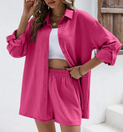Summer 2-Piece Set – High-Waist Shorts & Long Sleeve Shirt